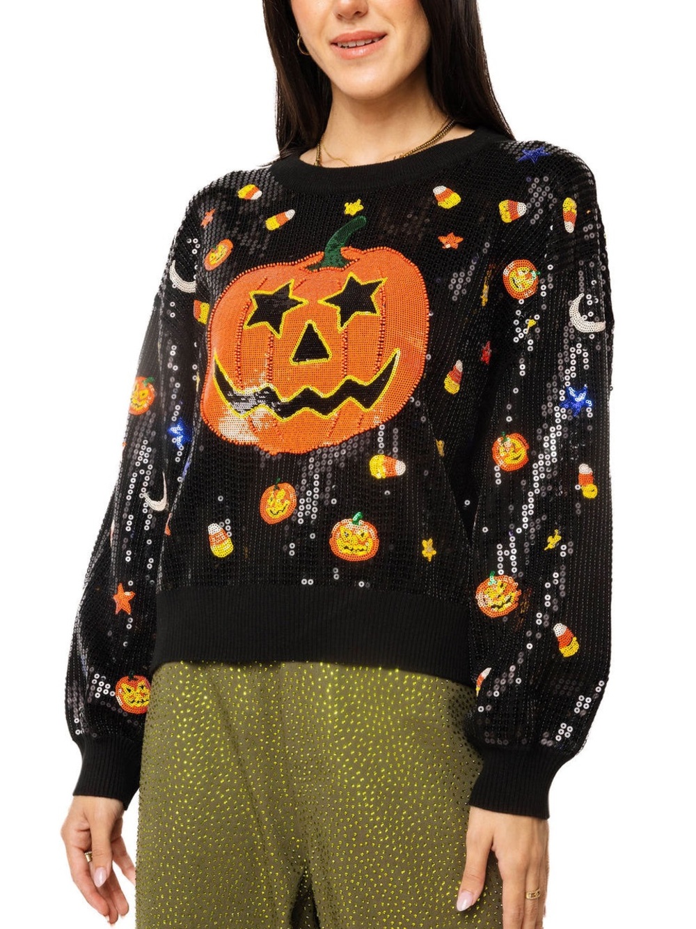 Queen Of Sparkle Black Full Sequin Pumpkin & Mini Icon Sweater XS NWOT